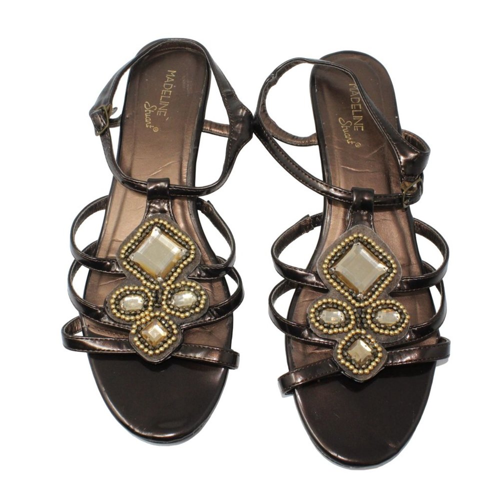 Madeline Stuart 10M Rhinestone Beaded Embellishment Black Strappy Wedge Sandals - Picture 7 of 14